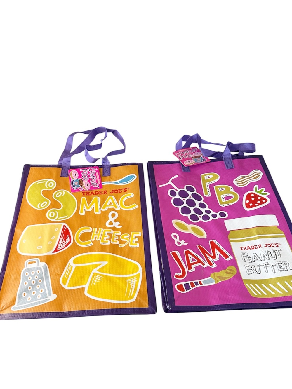 NEW Trader Joe's Reusable Tote-MAC & CHEESE/PB & JAM Comfort Food Bags Set/2